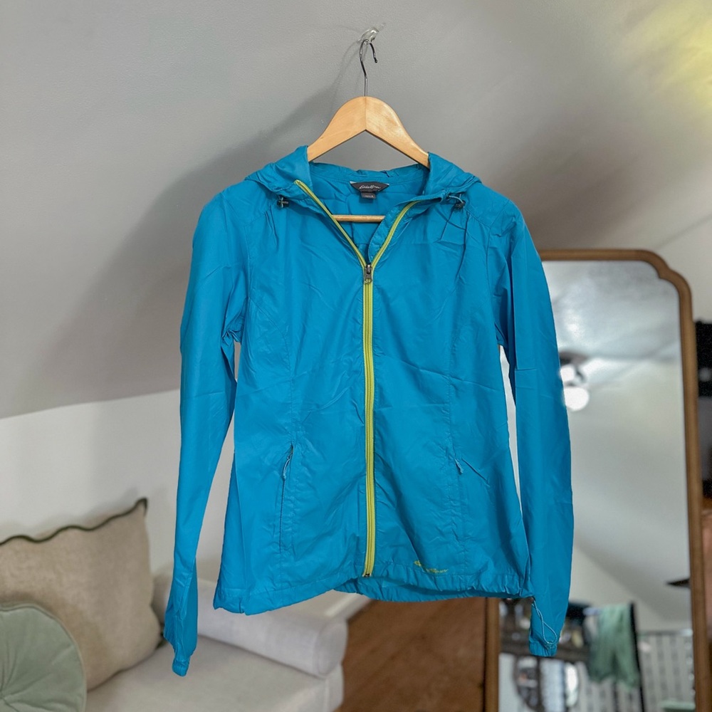 Eddie Bauer Blue Jacket with Lime Green Zipper | Lightweight Travel Outerwear